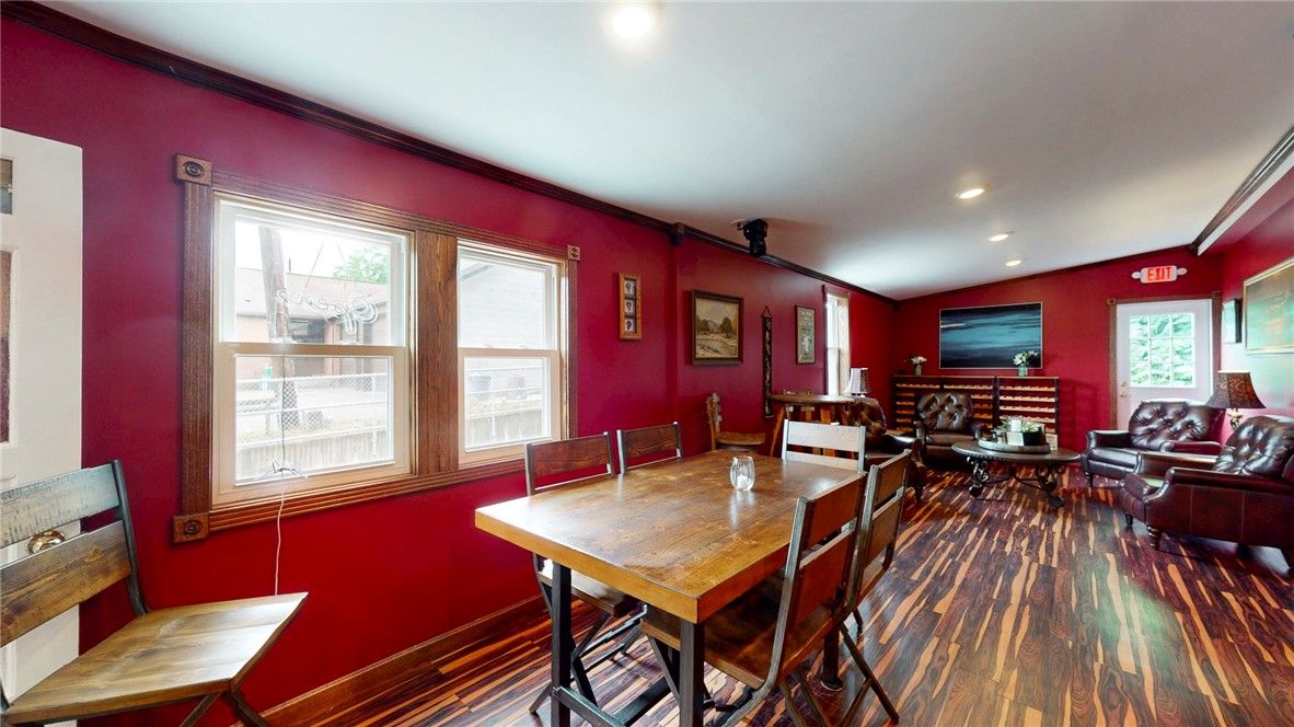 Dining room, Interior, Living room, Recessed Lighting, Wood Texture Flooring