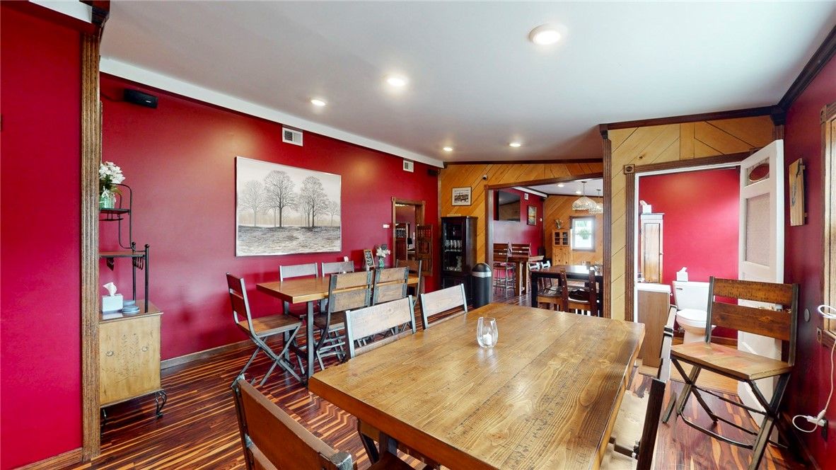 Dining room, Interior, Recessed Lighting, Wood Texture Flooring