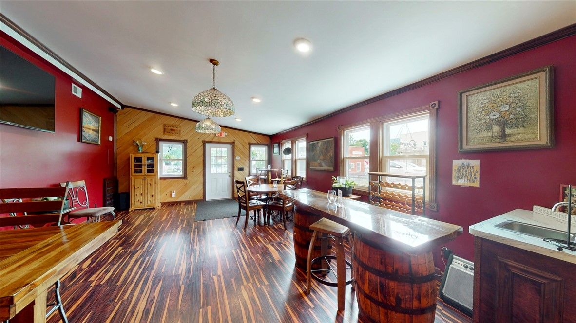 Dining room, Interior, Pendant Lights, Recessed Lighting, Wood Texture Flooring