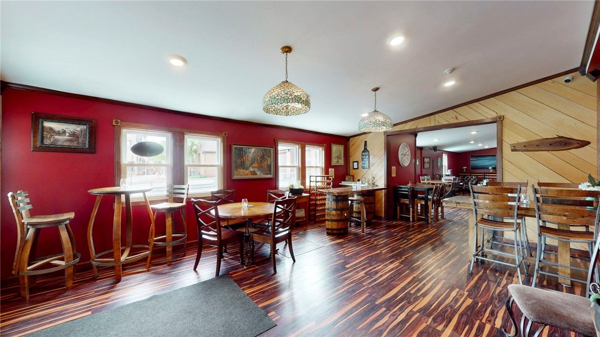Dining room, Interior, Pendant Lights, Recessed Lighting, Wood Texture Flooring