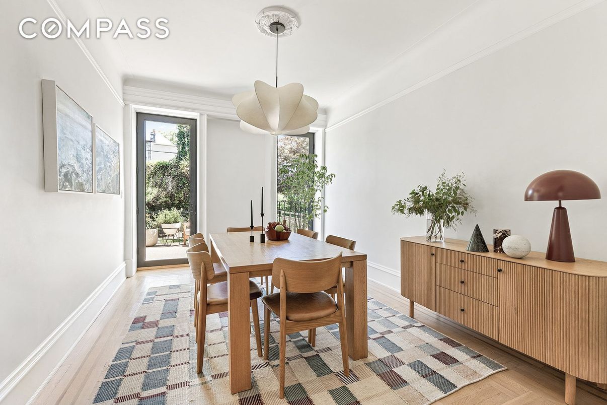 Dining room, Interior, Pendant Lights, Wood Texture Flooring