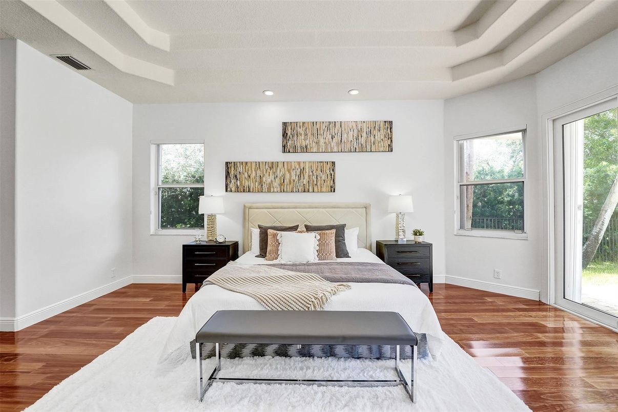 Bedroom, Interior, Recessed Lighting, Wood Texture Flooring