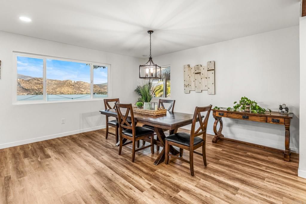 Dining room, Interior, Pendant Lights, Recessed Lighting, Wood Texture Flooring