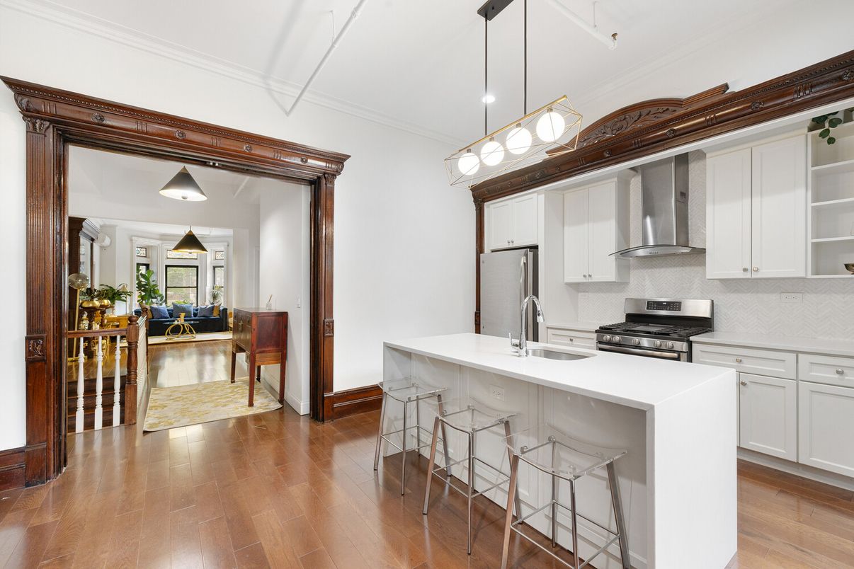 Interior, Kitchen, Pendant Lights, Stainless Steel Appliances, Wood Texture Flooring