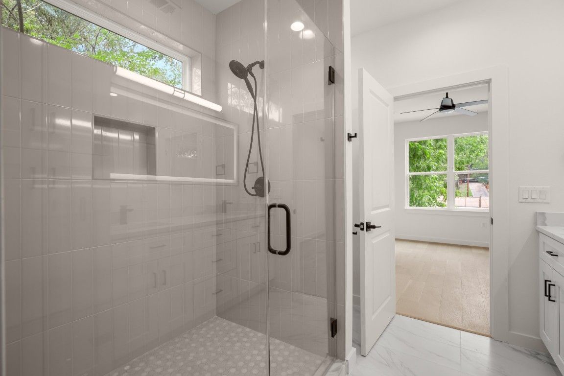 Bathroom, Glass Shower, Interior, Marble, Recessed Lighting