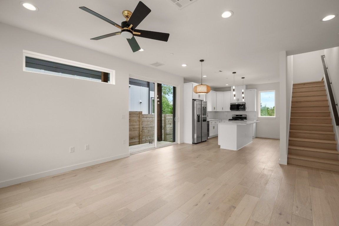 Interior, Kitchen, Pendant Lights, Recessed Lighting, Stainless Steel Appliances, Wood Texture Flooring