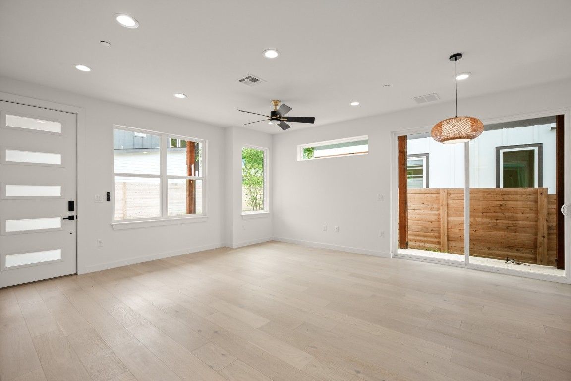Empty room, Interior, Pendant Lights, Recessed Lighting, Wood Texture Flooring