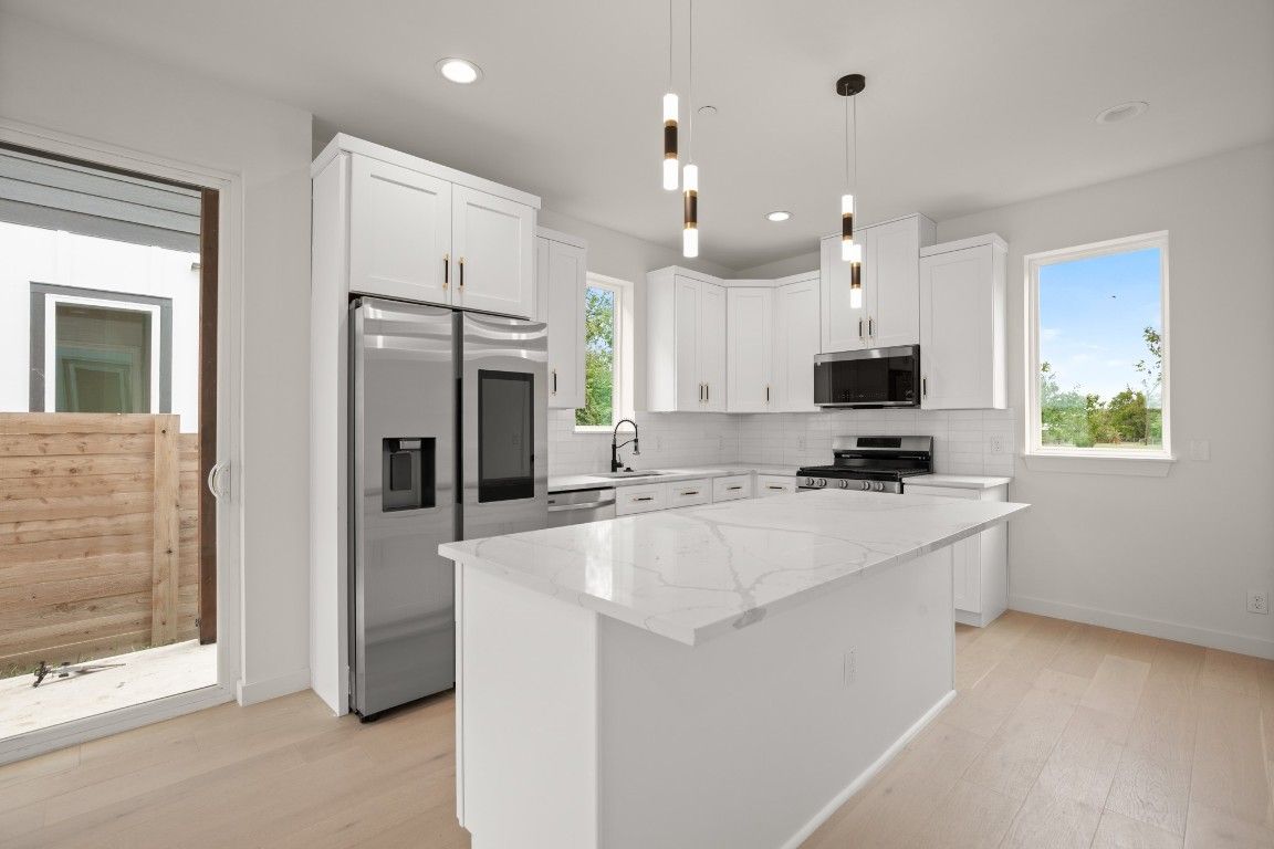 Interior, Kitchen, Pendant Lights, Recessed Lighting, Stainless Steel Appliances, Wood Texture Flooring