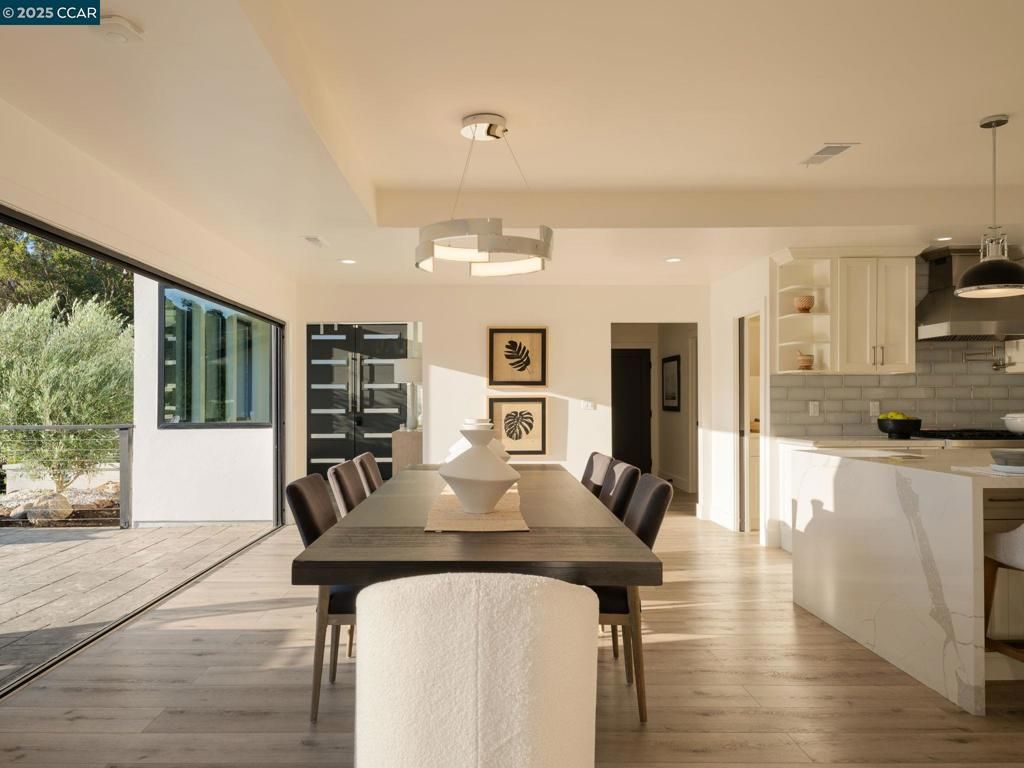 Dining room, Interior, Pendant Lights, Recessed Lighting, Wood Texture Flooring