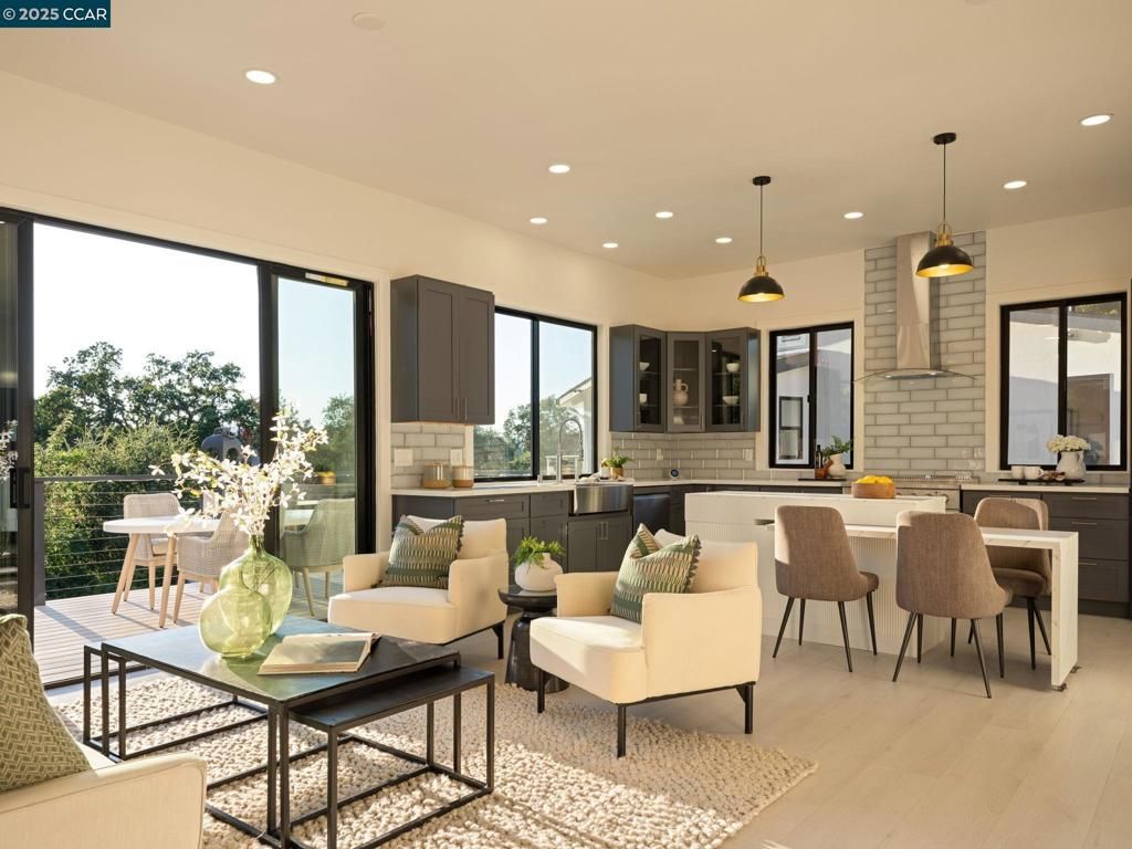 Dining room, Interior, Living room, Pendant Lights, Recessed Lighting, Wood Texture Flooring