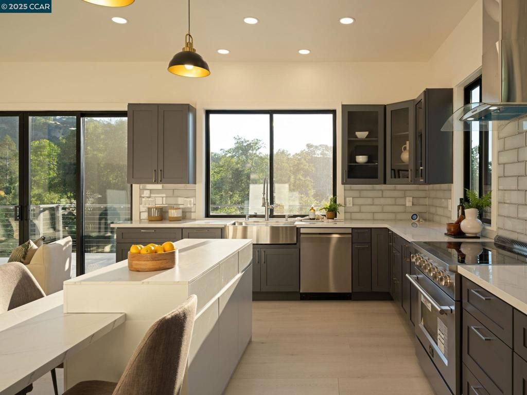 Interior, Kitchen, Pendant Lights, Recessed Lighting, Stainless Steel Appliances, Wood Texture Flooring