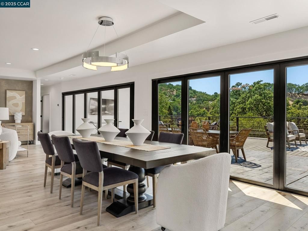 Dining room, Interior, Pendant Lights, Recessed Lighting, Wood Texture Flooring
