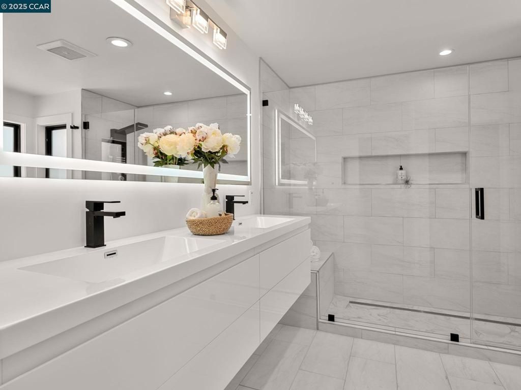 Bathroom, Dual Sink Vanities, Glass Shower, Interior, Recessed Lighting