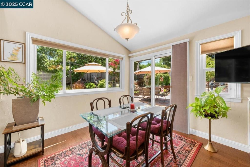 Dining room, Interior, Pendant Lights, Wood Texture Flooring