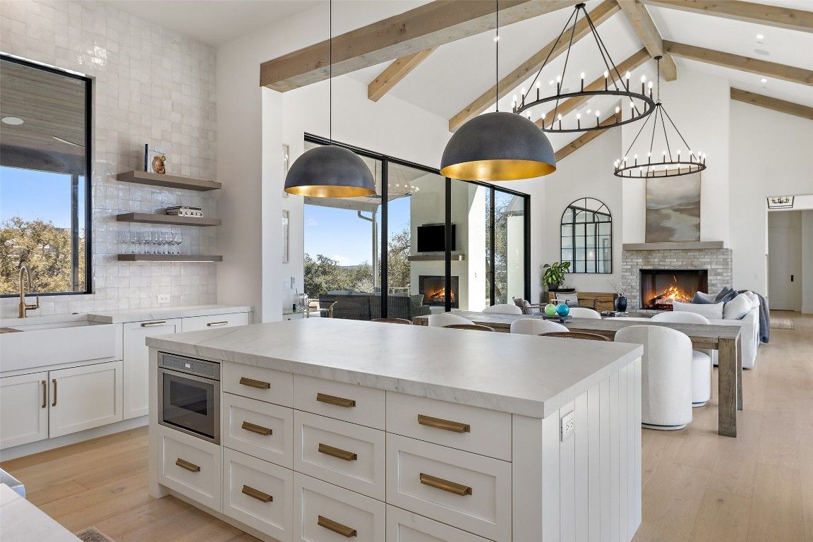 Fireplace, Interior, Kitchen, Living room, Pendant Lights, Recessed Lighting, Wooden Beams, Wood Texture Flooring