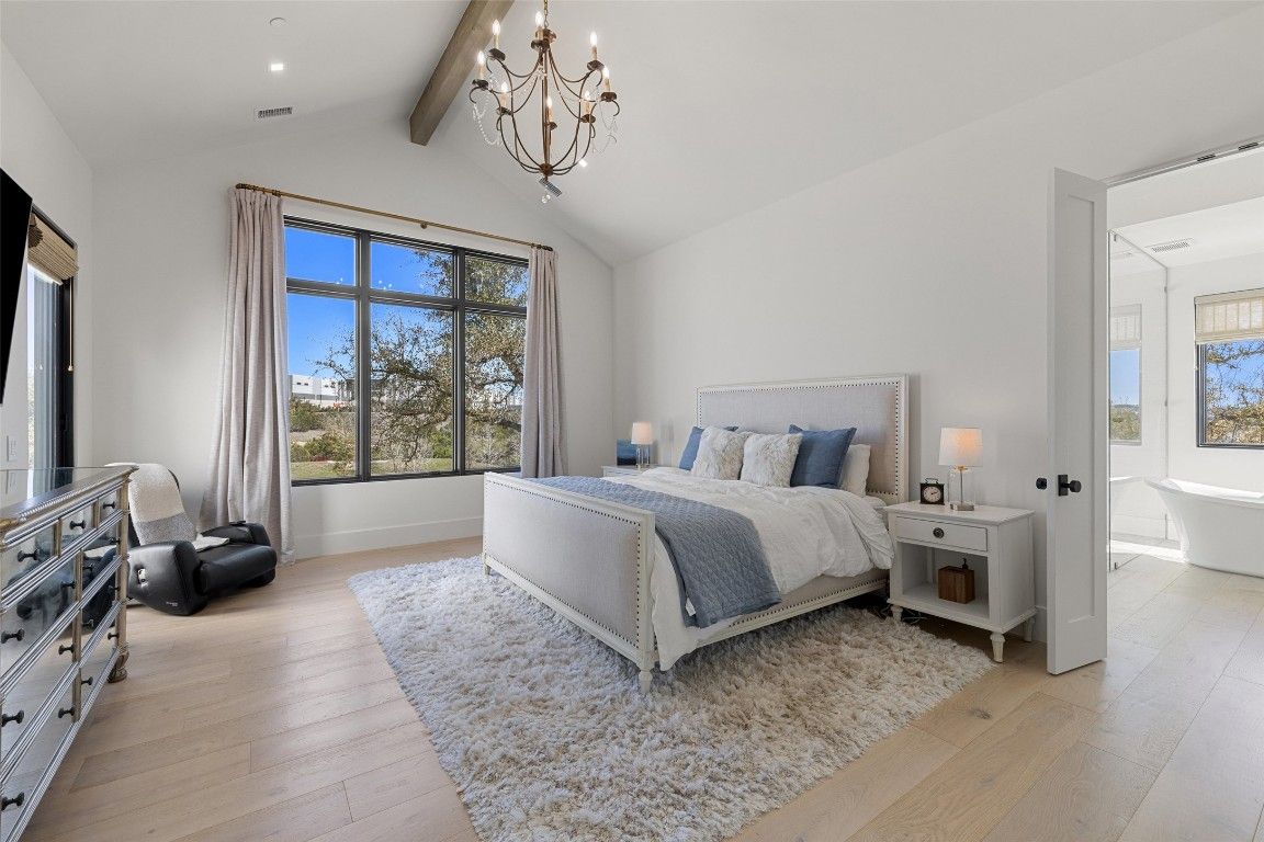 Bedroom, Chandelier, Interior, Recessed Lighting, Wooden Beams, Wood Texture Flooring