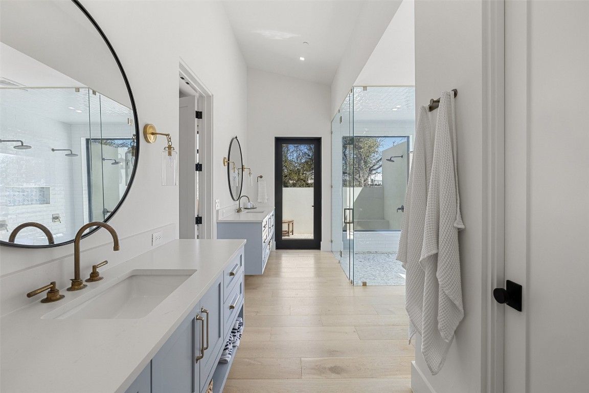 Bathroom, Dual Sink Vanities, Glass Shower, Interior, Recessed Lighting, Wood Texture Flooring