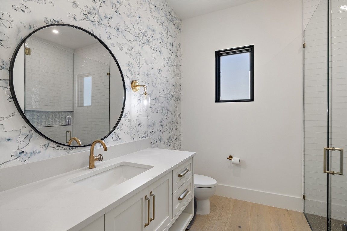 Bathroom, Glass Shower, Interior, Wood Texture Flooring
