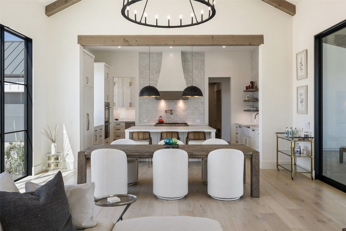 Dining room, Interior, Kitchen, Pendant Lights, Stainless Steel Appliances, Wooden Beams, Wood Texture Flooring