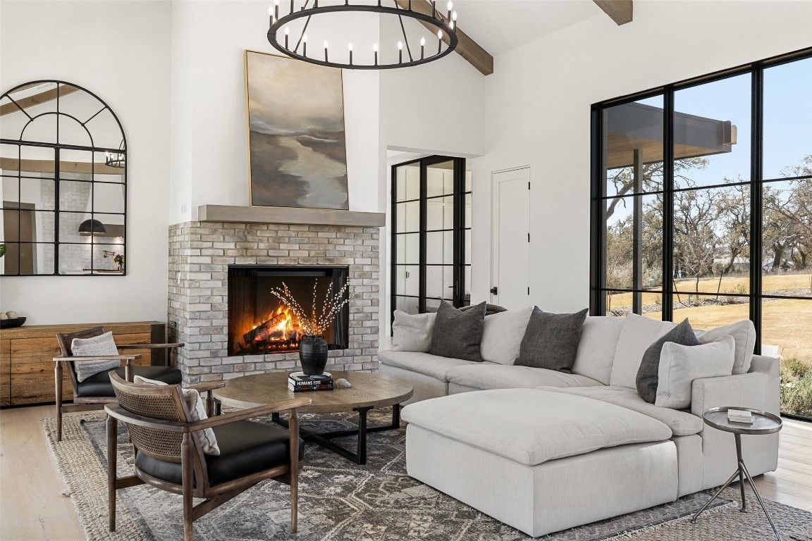 Fireplace, Interior, Living room, Pendant Lights, Wooden Beams, Wood Texture Flooring