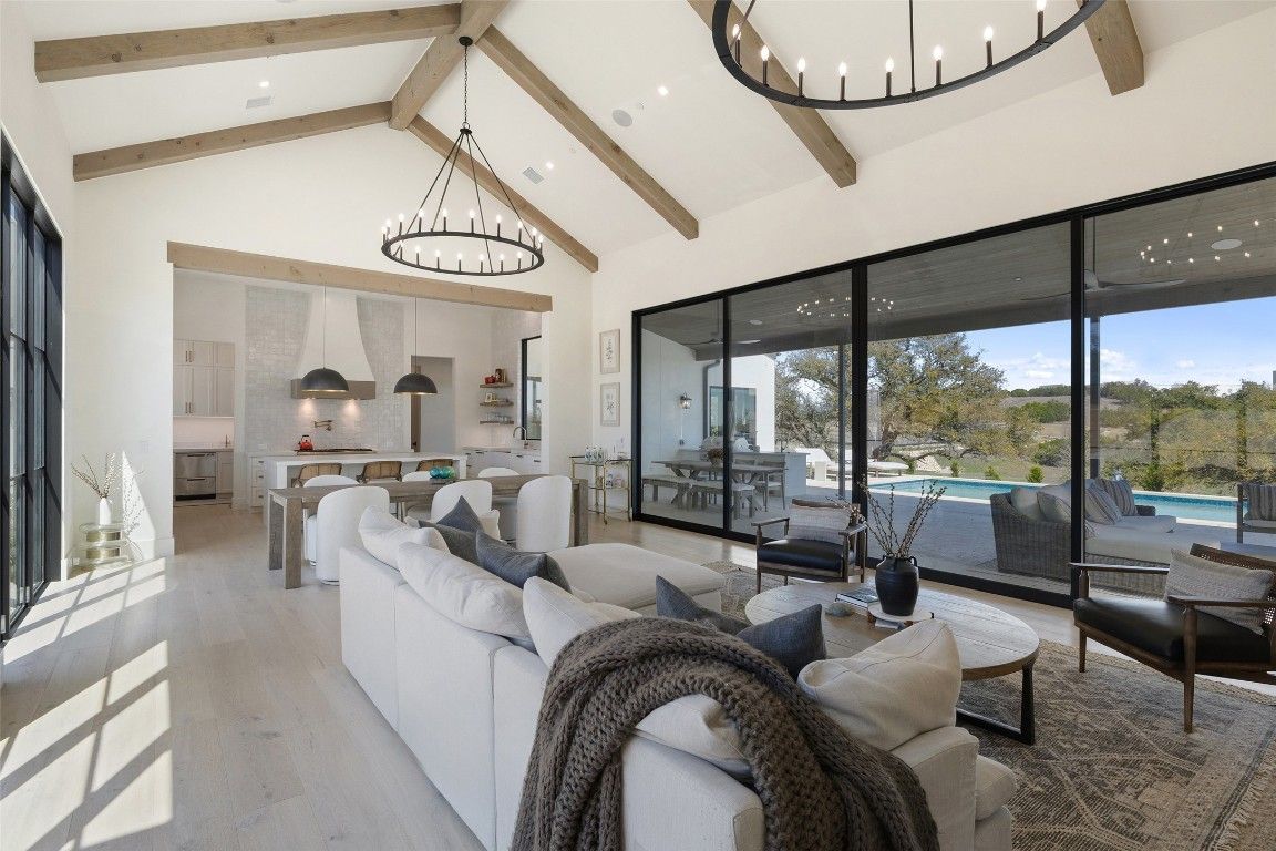 Interior, Living room, Pendant Lights, Recessed Lighting, Wooden Beams, Wood Texture Flooring
