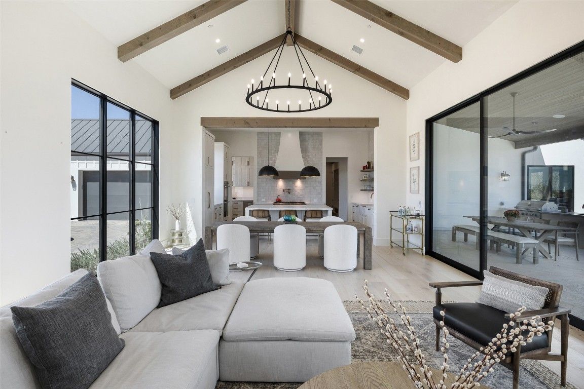 Dining room, Interior, Kitchen, Living room, Pendant Lights, Recessed Lighting, Stainless Steel Appliances, Wooden Beams, Wood Texture Flooring