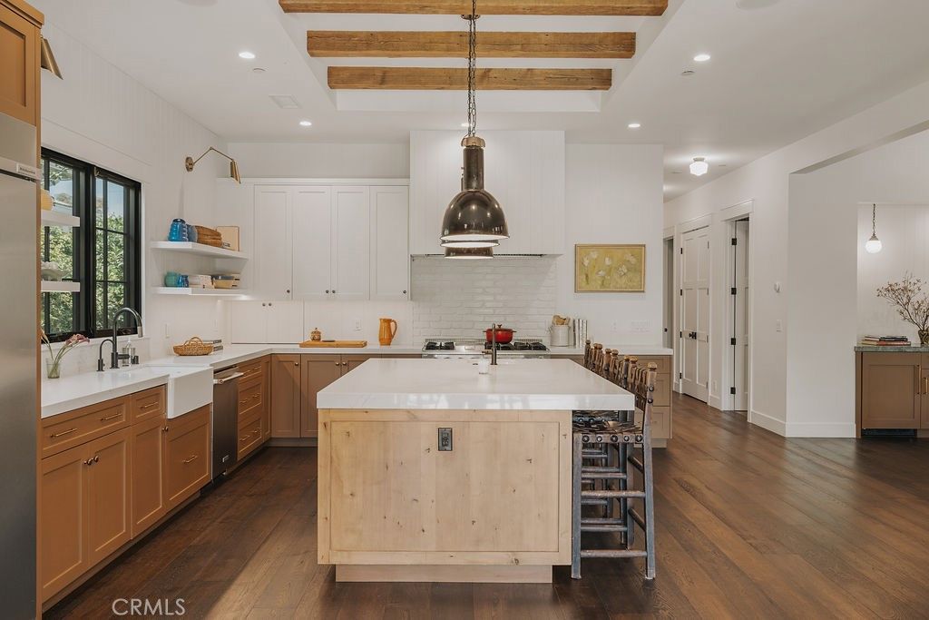 Interior, Kitchen, Pendant Lights, Recessed Lighting, Stainless Steel Appliances, Wooden Beams, Wood Texture Flooring