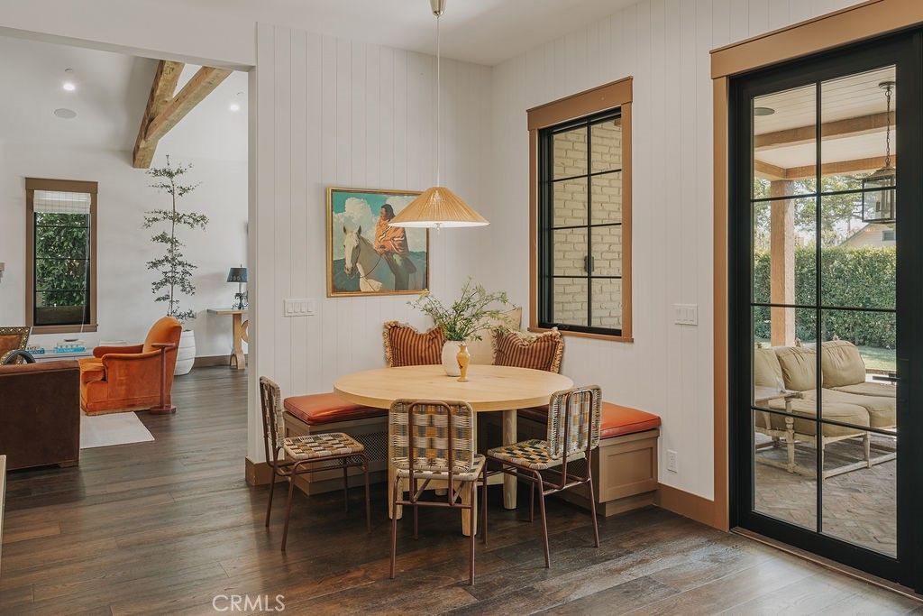 Dining room, Interior, Pendant Lights, Recessed Lighting, Wooden Beams, Wood Texture Flooring