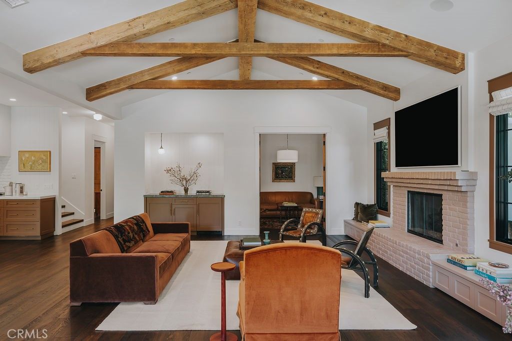 Fireplace, Interior, Living room, Recessed Lighting, Wooden Beams, Wood Texture Flooring