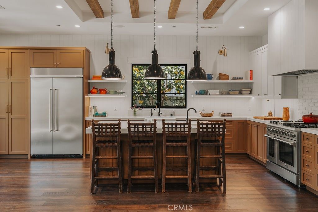 Interior, Kitchen, Pendant Lights, Recessed Lighting, Stainless Steel Appliances, Wooden Beams, Wood Texture Flooring