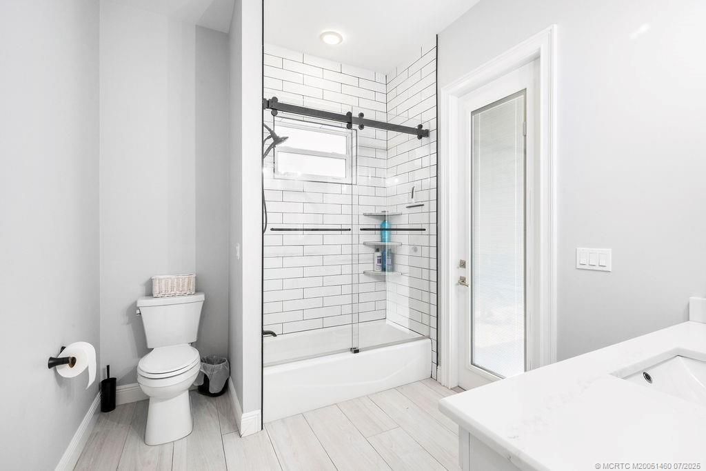 Bathroom, Glass Shower, Interior, Recessed Lighting, Wood Texture Flooring