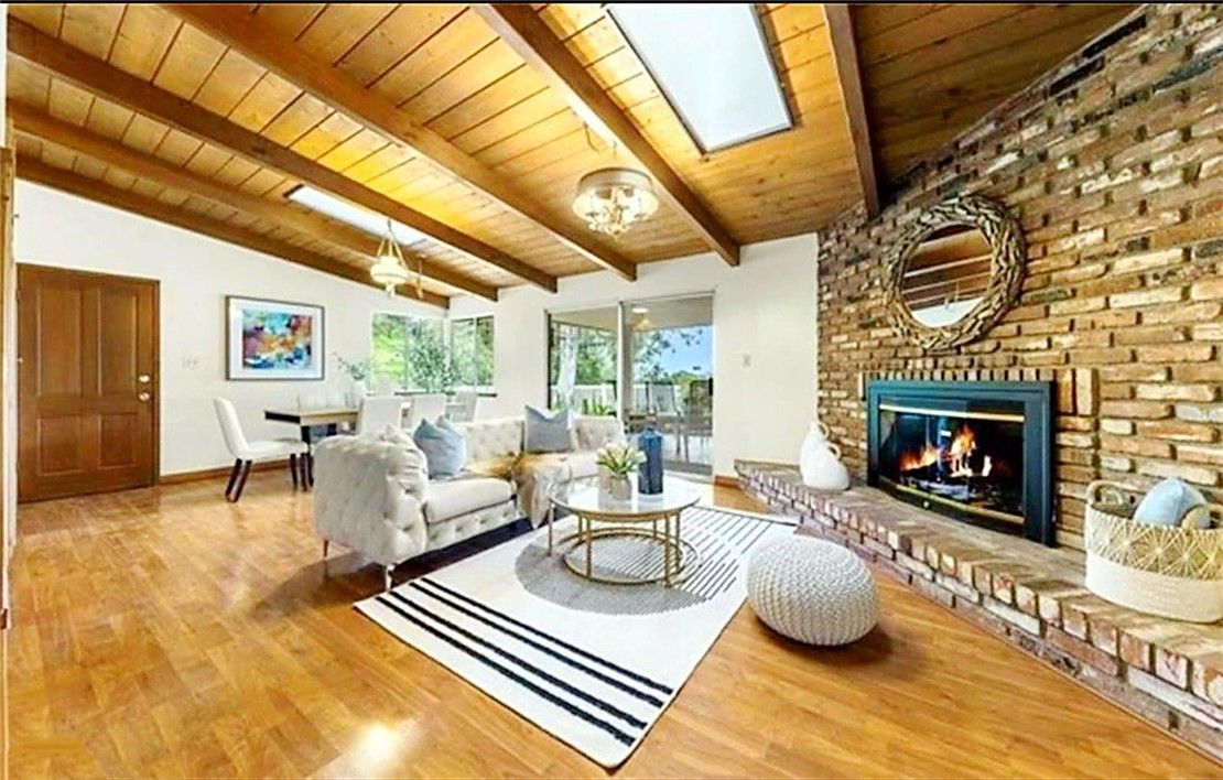 Dining room, Fireplace, Interior, Living room, Pendant Lights, Stone Walls, Wooden Beams, Wooden Ceilings, Wood Texture Flooring