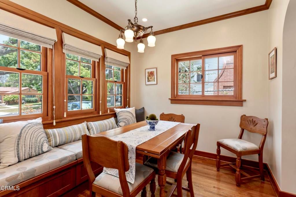 Dining room, Interior, Pendant Lights, Recessed Lighting, Wood Texture Flooring