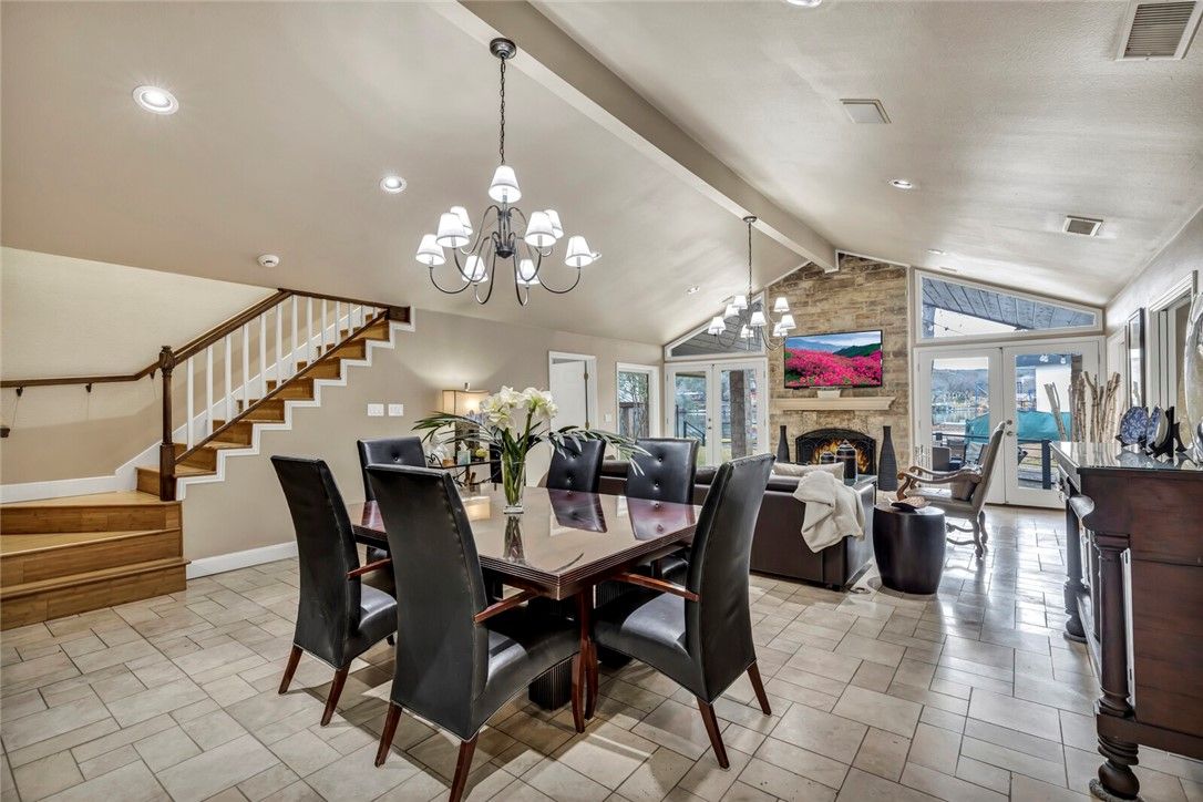 Chandelier, Dining room, Fireplace, Interior, Living room, Recessed Lighting