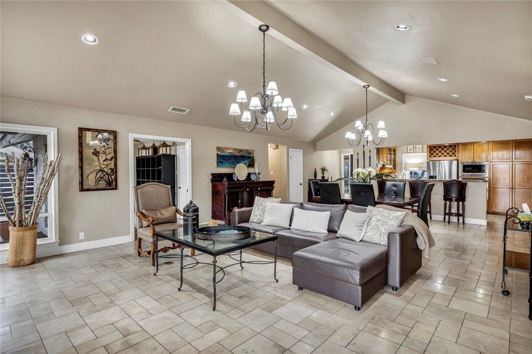 Chandelier, Dining room, Interior, Kitchen, Living room, Recessed Lighting, Stainless Steel Appliances