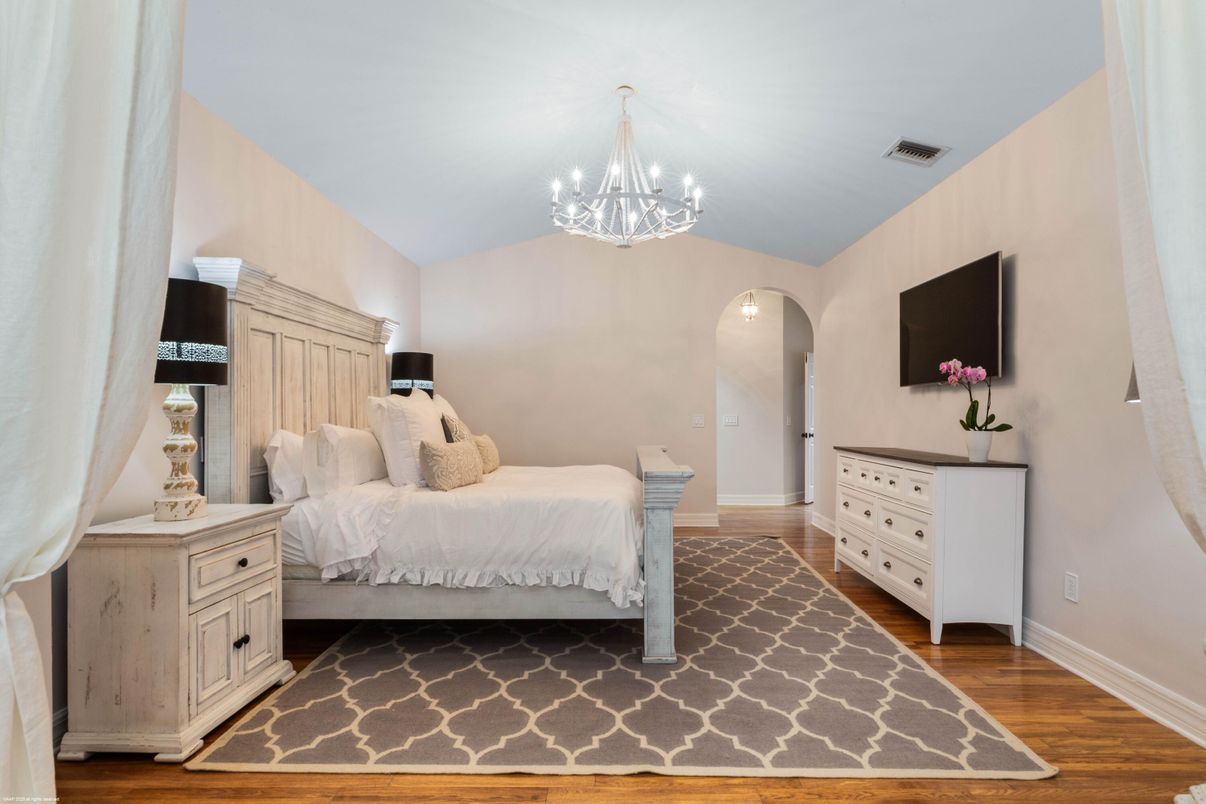 Bedroom, Chandelier, Interior, Wood Texture Flooring