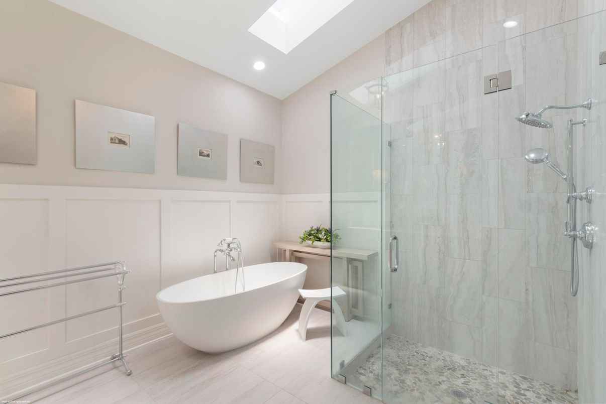 Bathroom, Free Standing Baths, Glass Shower, Interior, Marble Walls, Recessed Lighting