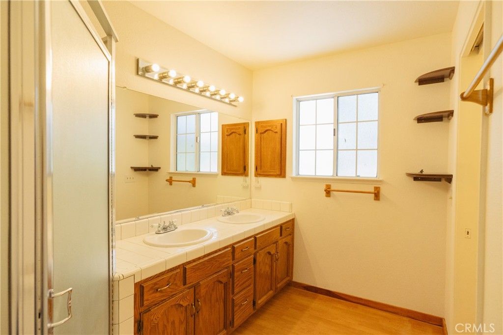 Bathroom, Dual Sink Vanities, Interior, Tile Countertops, Wood Texture Flooring