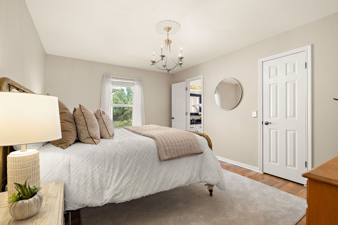 Bedroom, Chandelier, Interior, Wood Texture Flooring