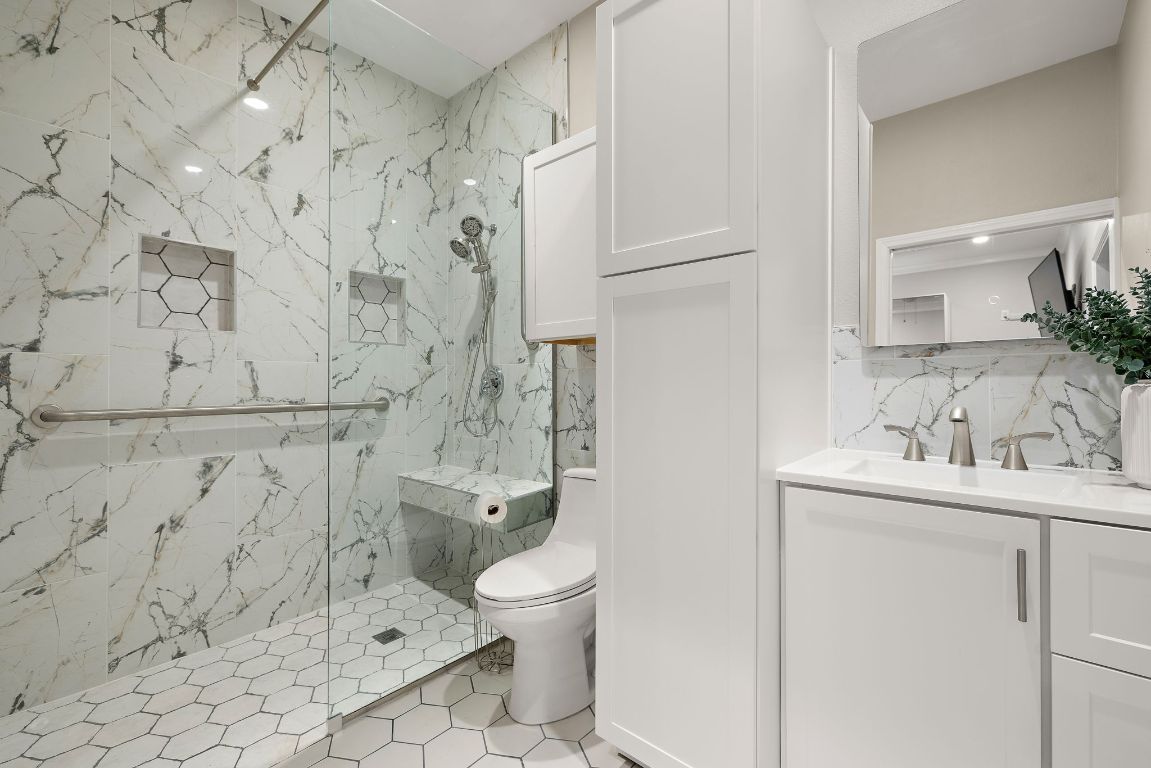 Bathroom, Glass Shower, Interior, Marble Walls, Recessed Lighting