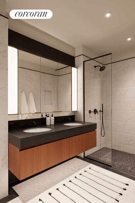 Bathroom, Dual Sink Vanities, Glass Shower, Interior, Marble Walls, Recessed Lighting