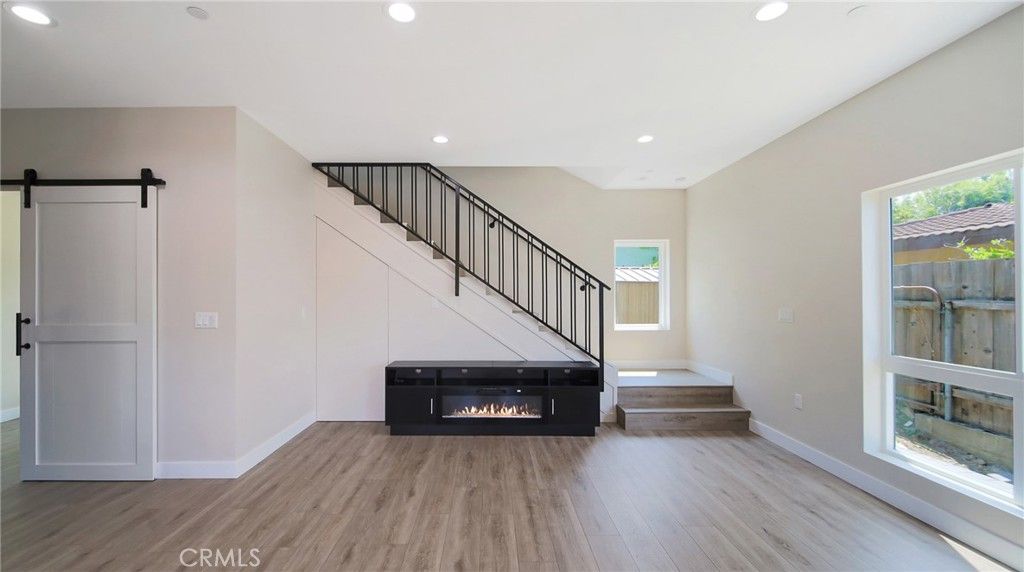 Fireplace, Interior, Recessed Lighting, Wood Texture Flooring