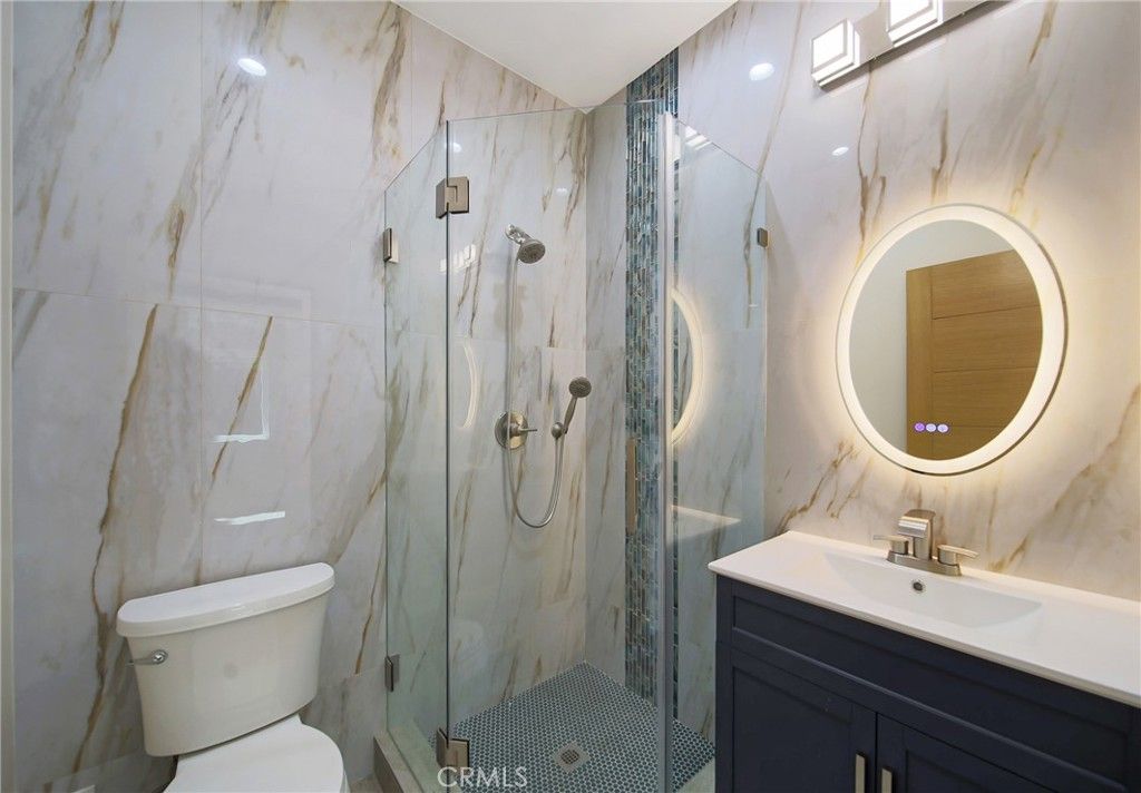 Bathroom, Glass Shower, Interior, Marble Walls, Recessed Lighting