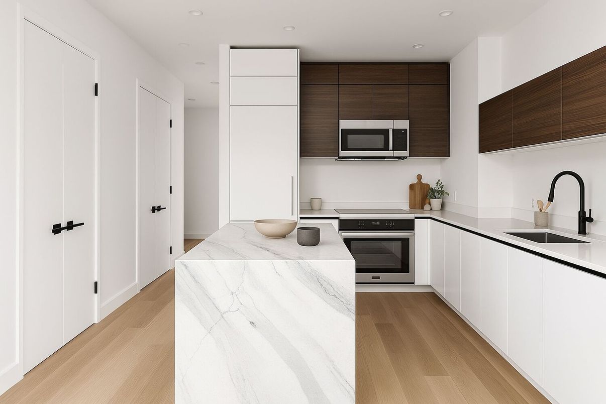 Interior, Kitchen, Recessed Lighting, Stainless Steel Appliances, Wood Texture Flooring