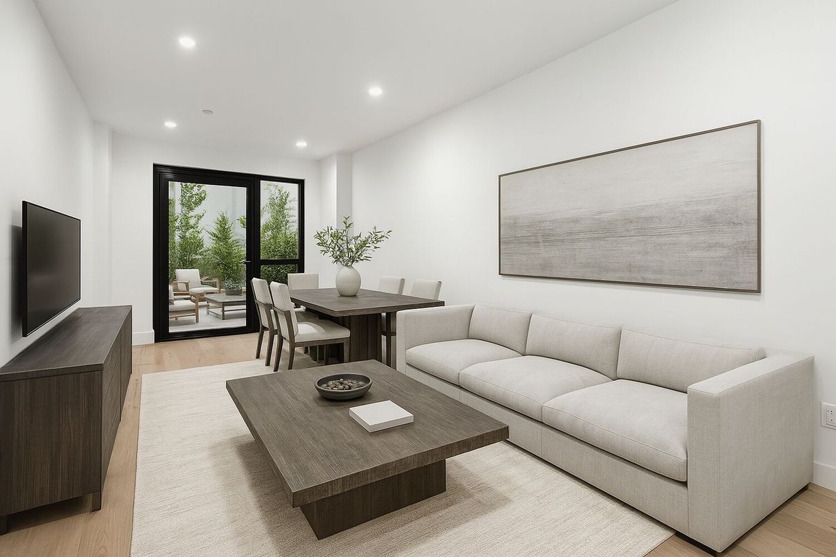 Dining room, Interior, Living room, Recessed Lighting, Wood Texture Flooring