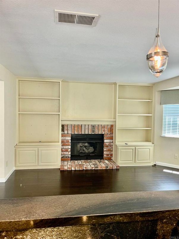 Empty room, Fireplace, Interior, Pendant Lights, Wood Texture Flooring