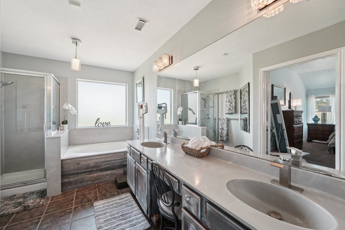 Bathroom, Dual Sink Vanities, Glass Shower, Interior, Pendant Lights
