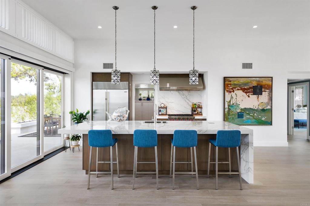 Interior, Kitchen, Marble Walls, Pendant Lights, Recessed Lighting, Wood Texture Flooring