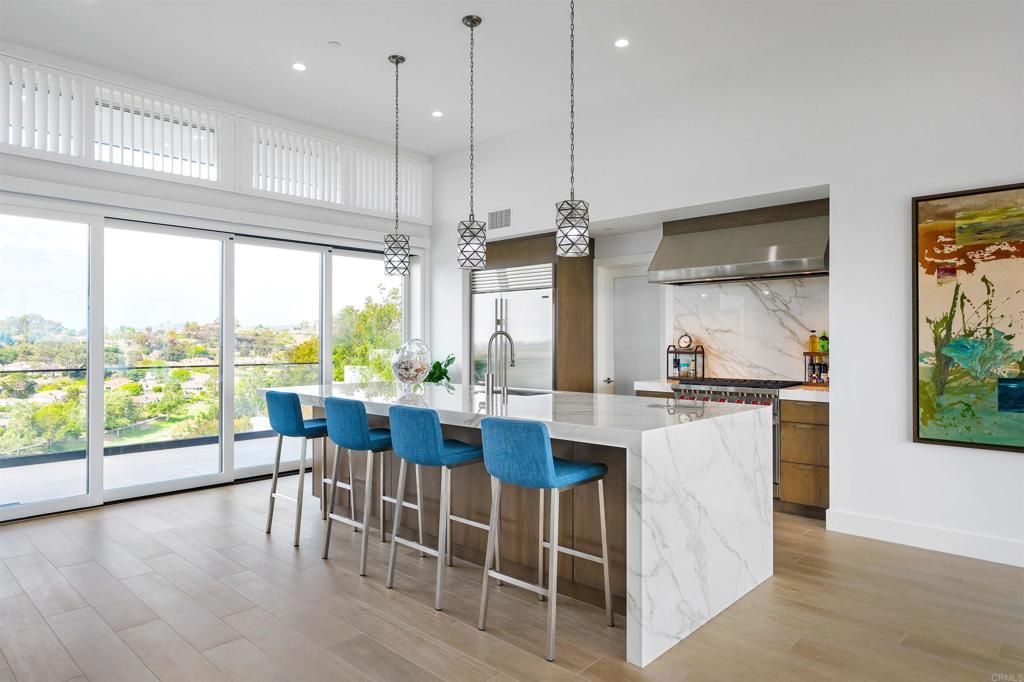 Interior, Kitchen, Marble Walls, Pendant Lights, Recessed Lighting, Stainless Steel Appliances, Wood Texture Flooring