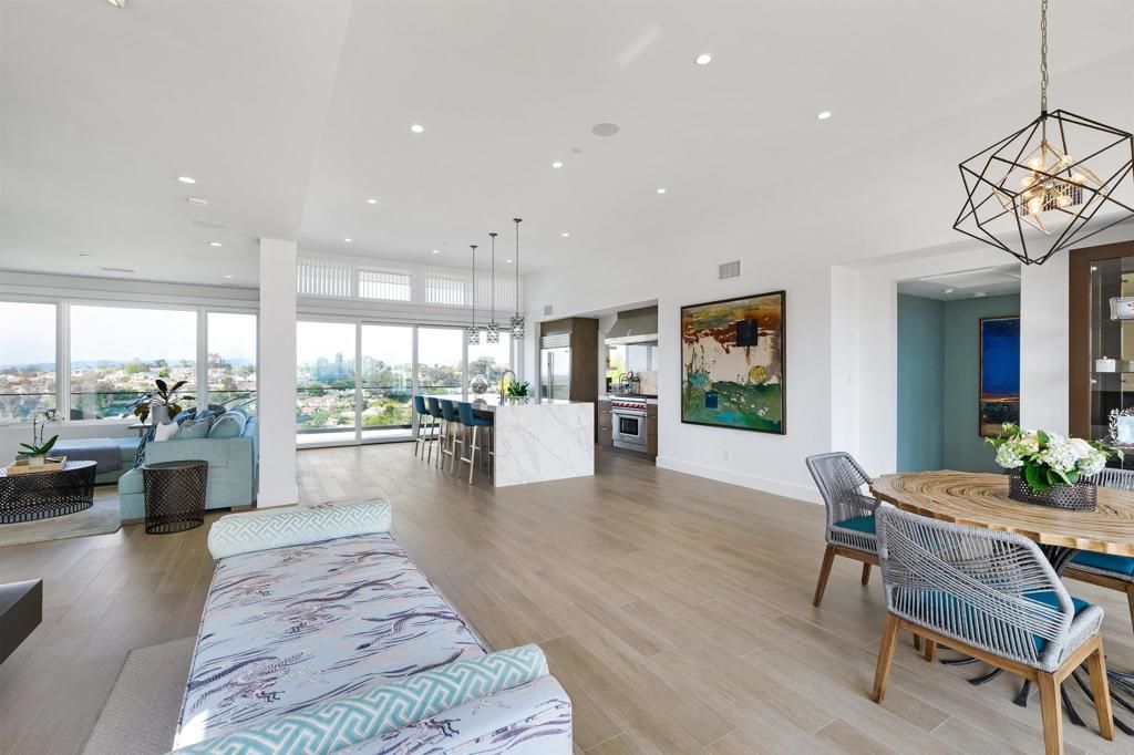Dining room, Interior, Kitchen, Pendant Lights, Recessed Lighting, Wood Texture Flooring